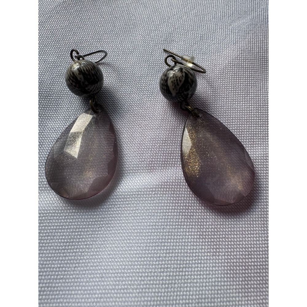 Smoky Purple Gold Shimmer Teardrop Dangle Earrings Marbled Bead Boho Bronze Hook